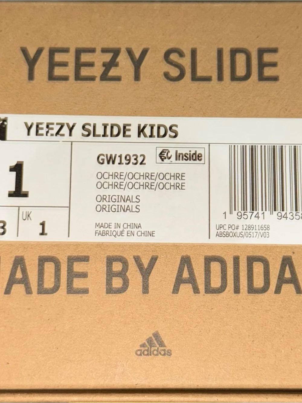 Yeezy Slide Made by Adidas Ochre Kids Slides Slipper Unisex US Size 1 Boost